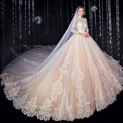 HW340 Shiny High Neck 3/4 Sleeve Bridal Gown