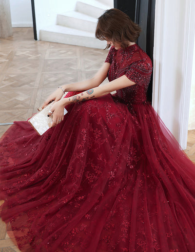 BH257 Burgundy high neck beaded Homecoming Dress