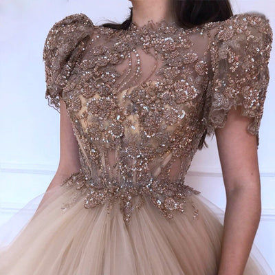 LG423 Gold Short Sleeves beaded Evening Dress