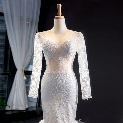 HW356 : 2pcs Long Sleeve Mermaid Wedding Dress With Detachable Chapel Train