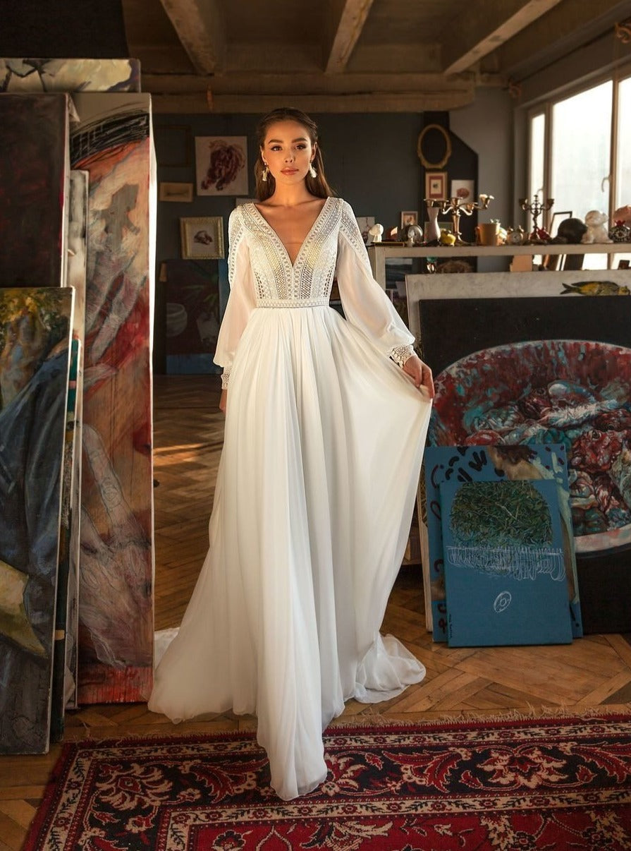 CW397 Custom made Puff sleeves Bohemian Wedding dress - Nirvanafourteen