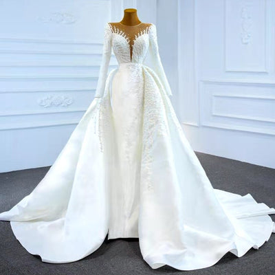 HW289 Real Picture Classy satin pearls beaded Wedding gown with overskirt