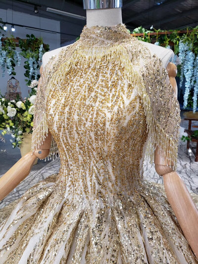 CG97 Handmade gold rhinestones beaded Wedding Dress