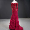 LG422 Red Off Shoulder Sequins Feathers Pageant Gown