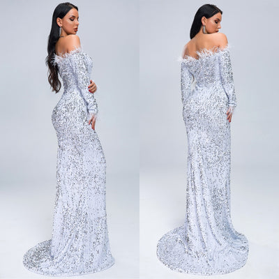 PP369 Off Shoulder Feather Sequin Evening Dresses (4 Colors )
