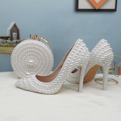 BS74: 7 Styles White full Pearl Bridal shoes+Purses