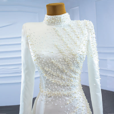 Hw362 Simple High neck Pearls beaded wedding Gown with removable train