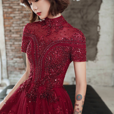 BH257 Burgundy high neck beaded Homecoming Dress