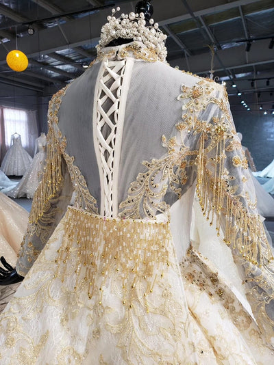 HW101 Luxury long sleeve gold rhingestone beaded wedding dress