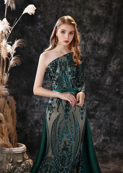 LG374 Real Photo 2 Styles Green sequin Evening Gowns with overskirt