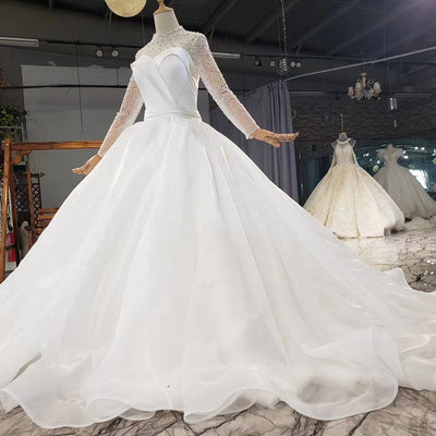 HW358 Real Pictures Simple White High Neck Pearls Wedding Dress