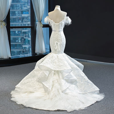 HW354 Halter Shiny Beading Feather Lace Mermaid Wedding Dress