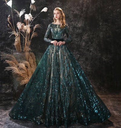 LG373 Real Photo Green sequined Long sleeve A-line Evening Gown