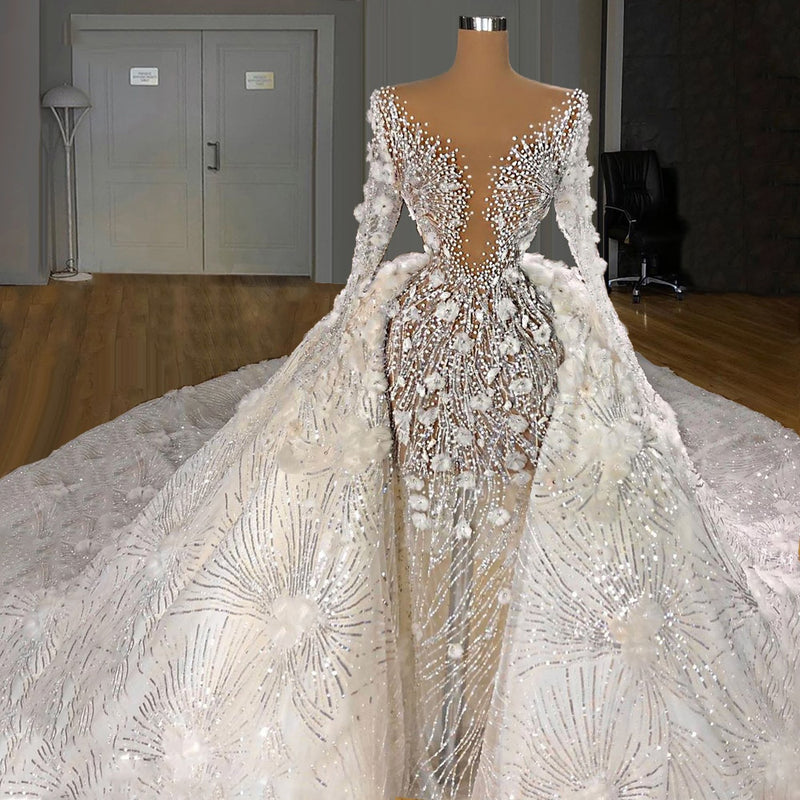HW329 : 2pcs Luxury Long sleeve pearls sequin Wedding Gown ...