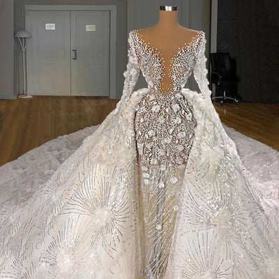 HW329 : 2pcs Luxury Long sleeve pearls sequin Wedding Gown