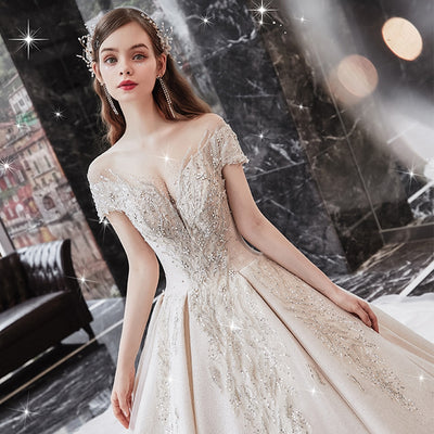 HW352 Short Sleeve Shiny Beaded Wedding Dresses With Chapel Train