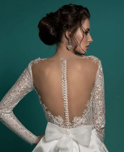 SS114 Lace Knee Length Illusion Back Wedding Gown