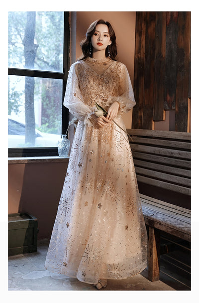 BH271 Gorgeous Champagne High Collar Long Sleeve Bridesmaid Dress