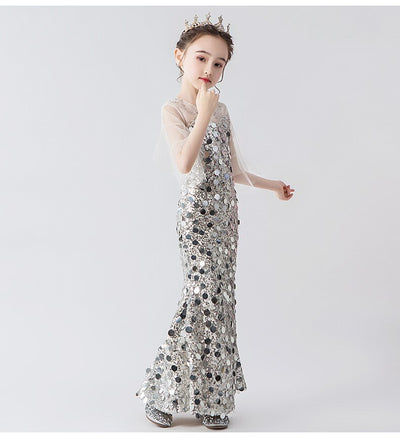 FG329 Silver sequin mermaid Girl Pageant dress
