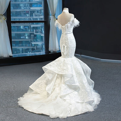 HW354 Halter Shiny Beading Feather Lace Mermaid Wedding Dress