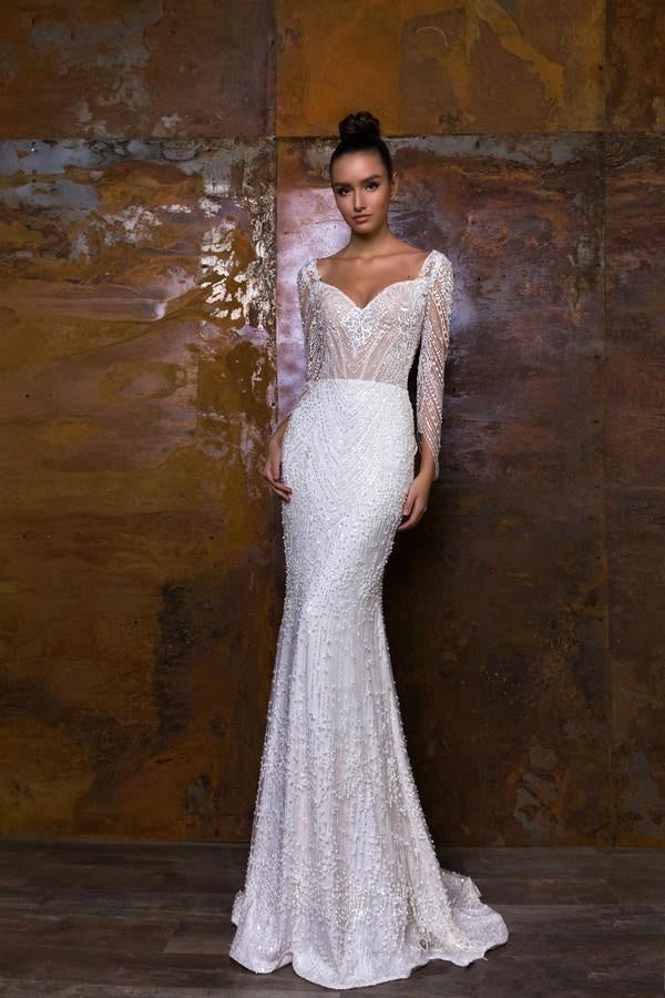 HW91 Long sleeves beading mermaid Wedding Gowns with detachable skirt ...