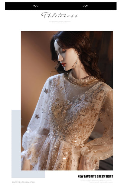 BH271 Gorgeous Champagne High Collar Long Sleeve Bridesmaid Dress