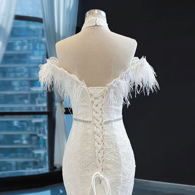 HW354 Halter Shiny Beading Feather Lace Mermaid Wedding Dress
