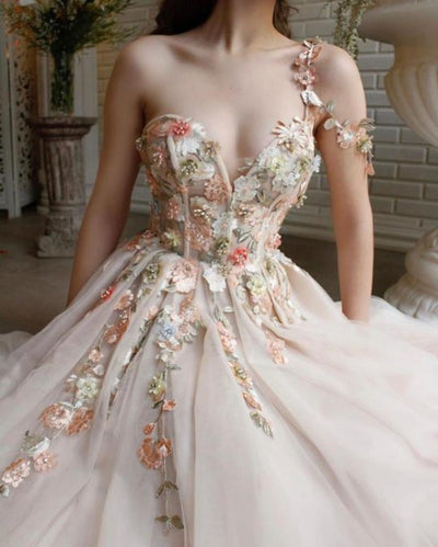 PP392 Appliques flowers Side Split Prom dress
