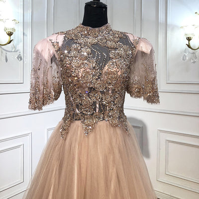 LG423 Gold Short Sleeves beaded Evening Dress