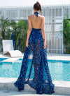 MX235 Sexy Blue Leopard Open Back Chiffon Beach Dress