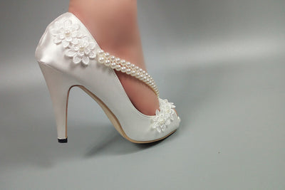 BS190 Flower & Pearls satin Bridal Shoes
