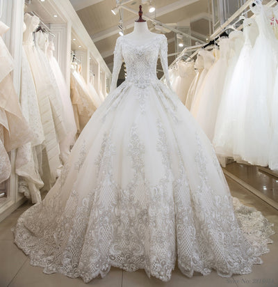 HW353 Real Photo Long sleeve Bridal Gown with chapel train