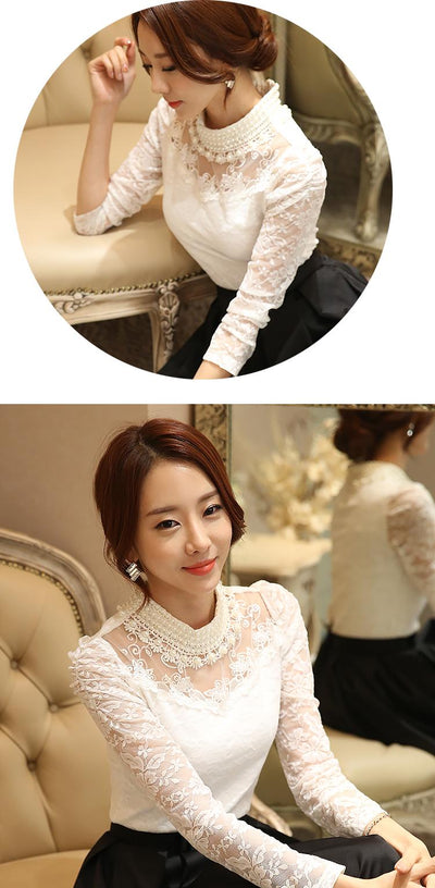TJ05 Elegant Korean high neck Crochet Long Sleeve Blouse(3 Colors)
