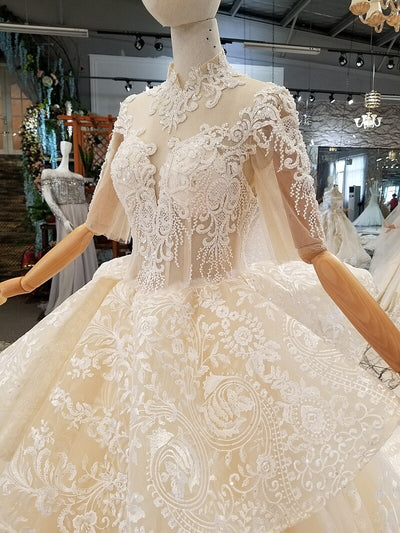 HW360 Real pictures shiny half sleeve high neck  Wedding gowns