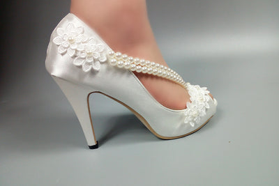 BS190 Flower & Pearls satin Bridal Shoes