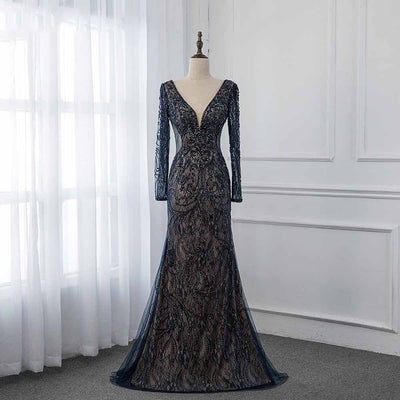 LG171 Elegant Navy Blue Long Sleeve Evening Dress