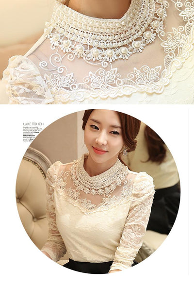 TJ05 Elegant Korean high neck Crochet Long Sleeve Blouse(3 Colors)