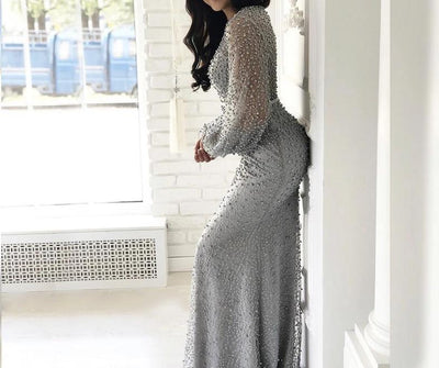 LG153 Long Sleeve full pearls Beaded Evening Gowns ( 6 Colors )