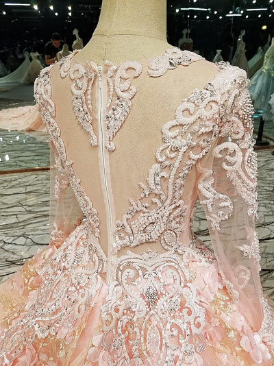 CG87 Arabic long sleeve Pink 3D flowers embroidery Wedding Dress