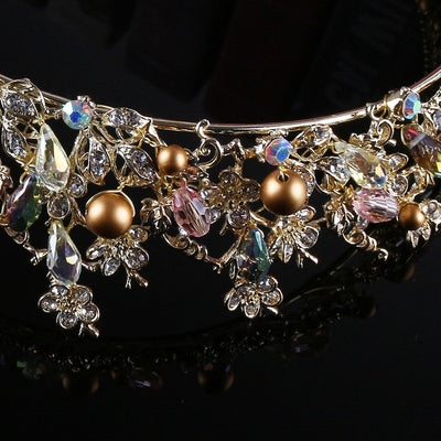 BJ85 Set of  Bridal Tiara +Earing (Pink/White/Gold)