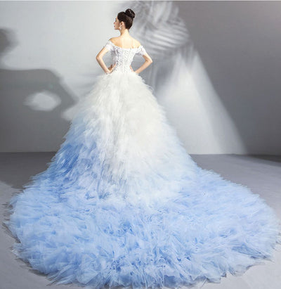 CG93 Gradient color Ruffles Evening Gown with Chapel Train