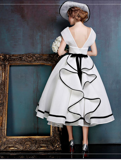 SS58 Vintage Black and White Tea Length  Wedding Dress