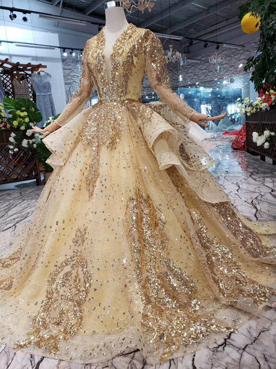 CG208 Real pictures Muslim Champagne Gold shinny Wedding Gown
