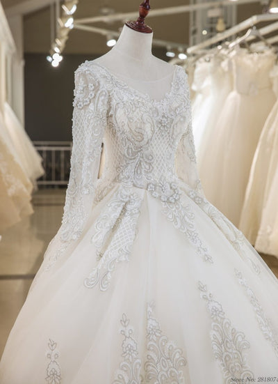 HW353 Real Photo Long sleeve Bridal Gown with chapel train