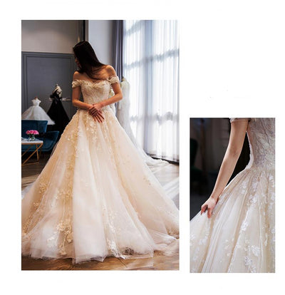 CW164 Elegant boat neck embroidered Wedding gown with royal train