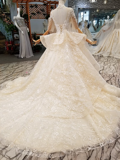 HW360 Real pictures shiny half sleeve high neck  Wedding gowns