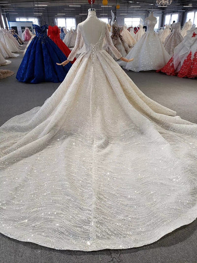HW60 Real pictures Luxury Sparkly high-neck long sleeve Wedding Dress