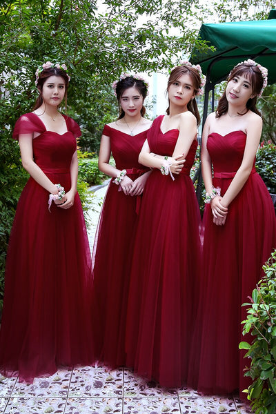 BH02 : 4 styles Burgundy long Bridesmaid Dresses