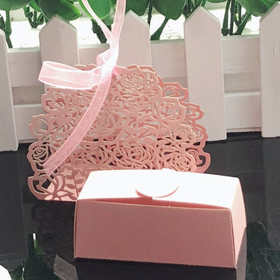DIY350:10pcs/lot RosLaser Cut Hollow Candy Boxes With Ribbon (10 Colors)