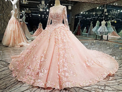 CG87 Arabic long sleeve Pink 3D flowers embroidery Wedding Dress